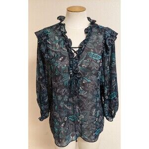Women's ANTHROPOLOGIE Lace-Up Front Ruffle Trim Floral Print Beautiful Blouse SM